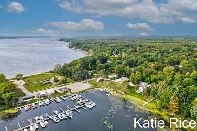 aerial view featuring a water view