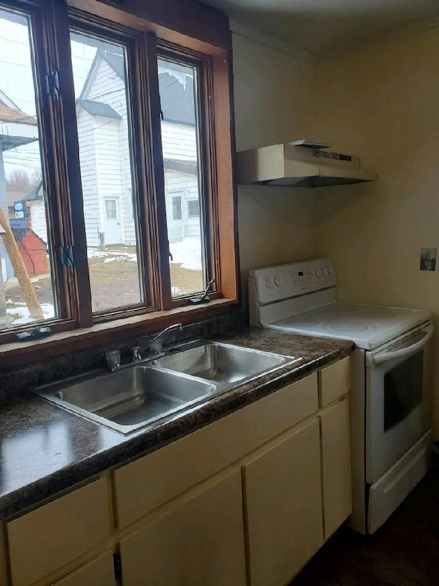 kitchen featuring white range with electric cooktop, sink, a healthy amount of sunlight, and ventilation hood