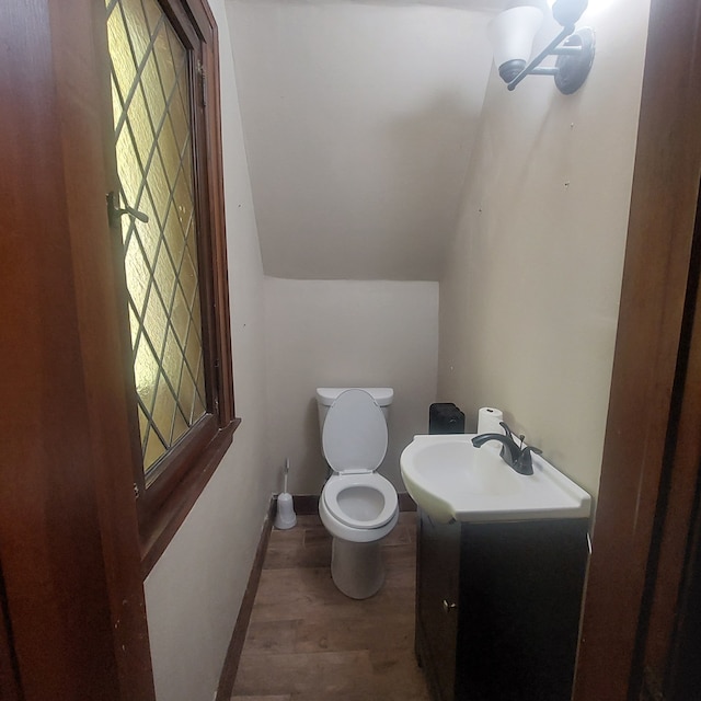 bathroom with hardwood / wood-style flooring, vanity, and toilet