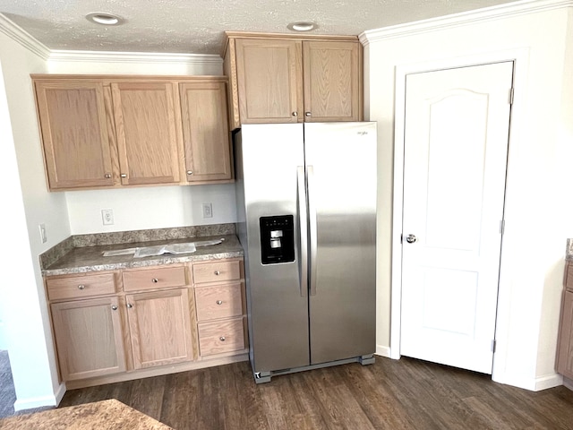 kitchen with stainless steel fridge with ice dispenser, a textured ceiling, dark hardwood / wood-style floors, and crown molding