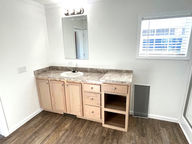 bathroom with hardwood / wood-style floors, vanity, and ornamental molding