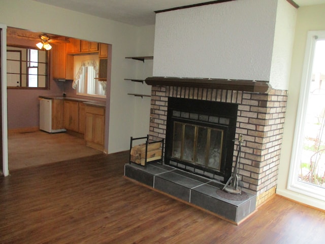 room details featuring ceiling fan, wood-type flooring, and a fireplace