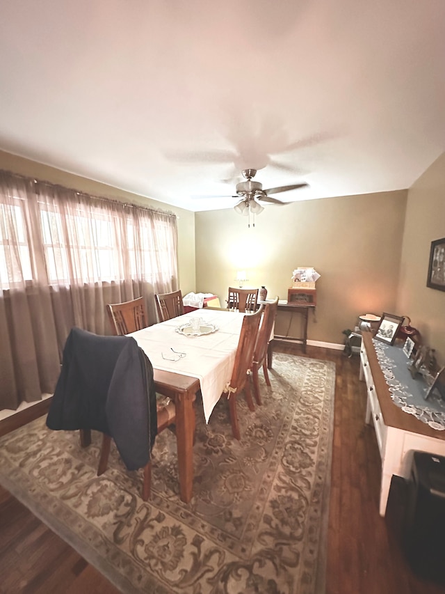 dining room featuring ceiling fan and dark wood-type flooring