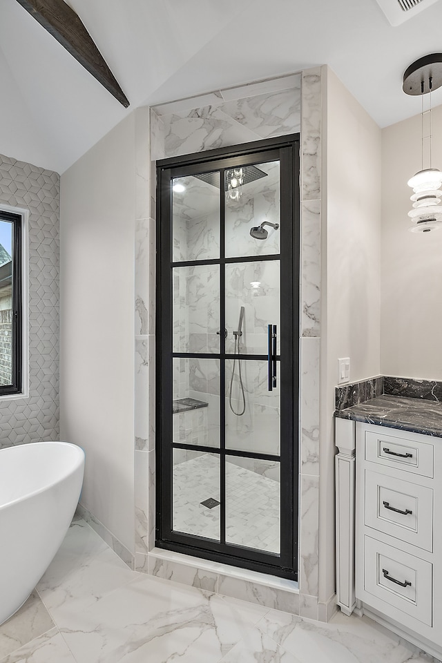 bathroom with vanity and plus walk in shower