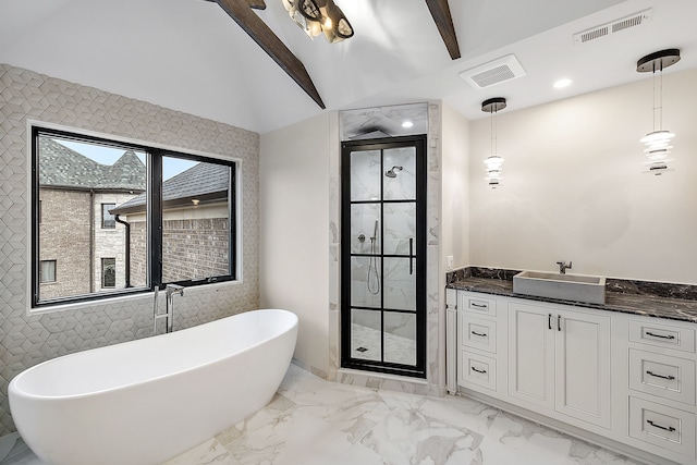 bathroom with vaulted ceiling with beams, plus walk in shower, and vanity