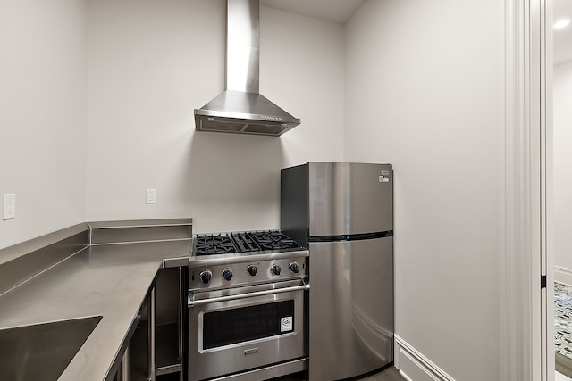 kitchen with wall chimney exhaust hood, sink, and stainless steel appliances