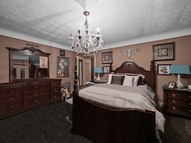 carpeted bedroom with a textured ceiling and an inviting chandelier