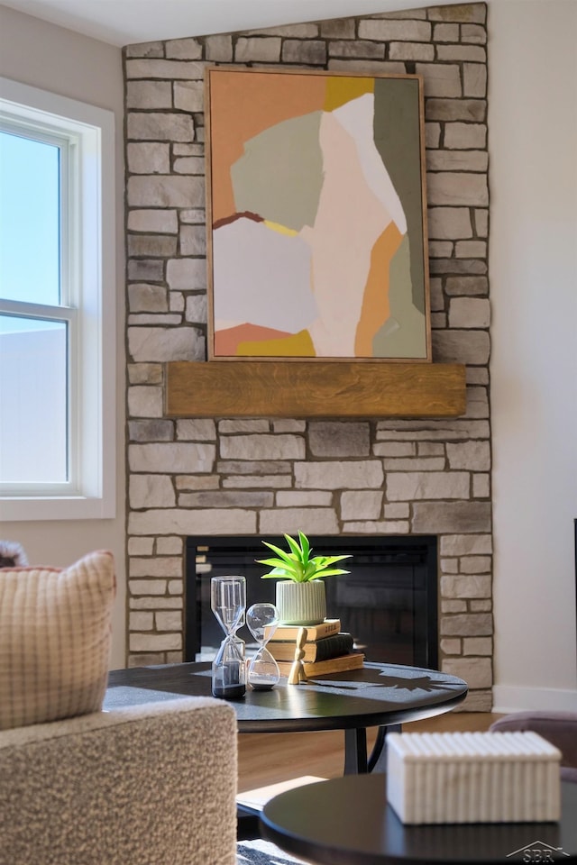 details featuring a stone fireplace