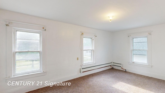 empty room featuring a baseboard radiator and carpet flooring