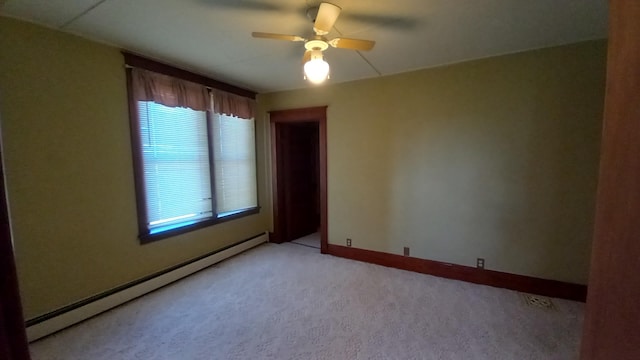 2540 S Dreyer Rd, Au Gres, MI 48703 - spare room with a baseboard heating unit, light carpet, a ceiling fan, and baseboards