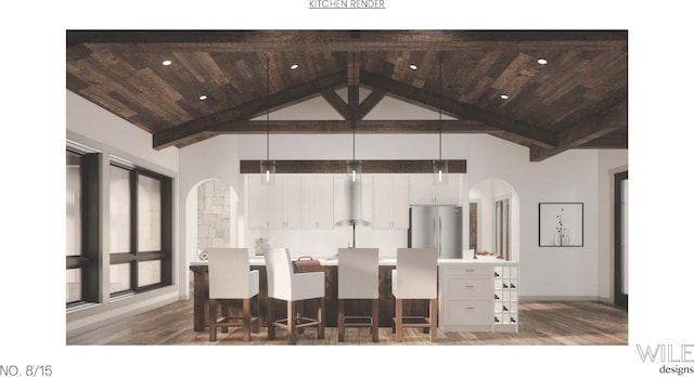 kitchen with white cabinets, decorative light fixtures, stainless steel refrigerator, and dark wood-type flooring