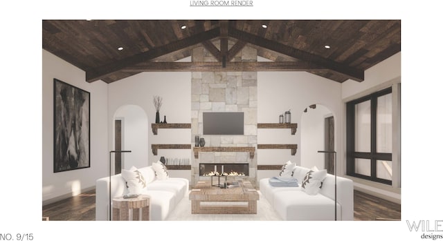 living room featuring dark hardwood / wood-style floors, wood ceiling, a fireplace, and high vaulted ceiling