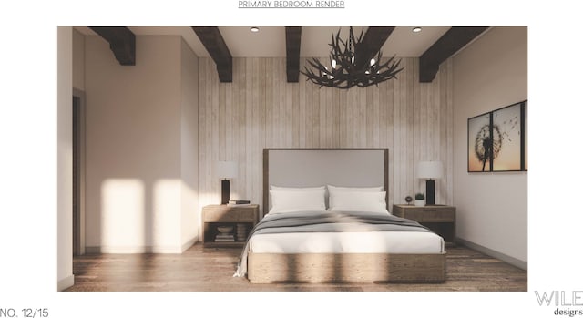 bedroom featuring beamed ceiling, hardwood / wood-style flooring, and an inviting chandelier