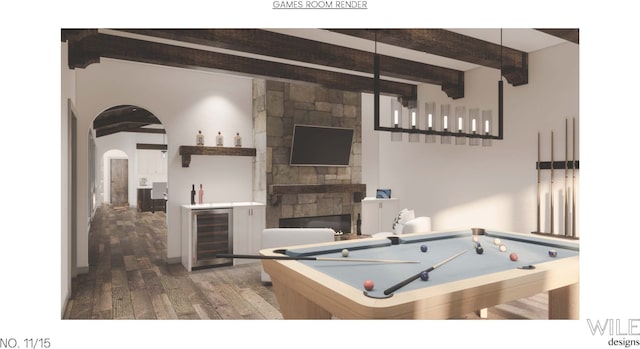 game room with beverage cooler, dark wood-type flooring, beam ceiling, billiards, and a fireplace