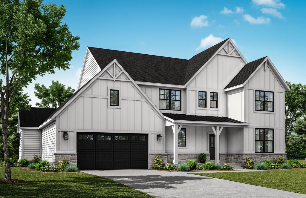 2922 Sleeth Rd, Commerce Twp, MI 48382 - modern inspired farmhouse with a standing seam roof, a shingled roof, asphalt driveway, a front yard, and metal roof
