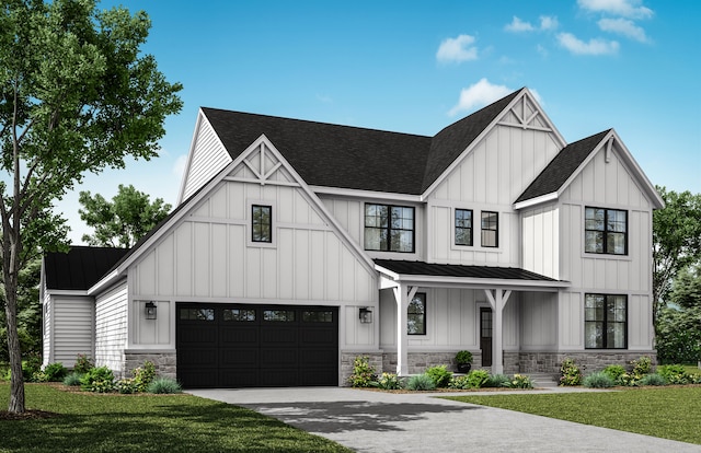 2922 Sleeth Rd, Commerce Twp, MI 48382 - modern inspired farmhouse with a standing seam roof, a shingled roof, asphalt driveway, a front yard, and metal roof