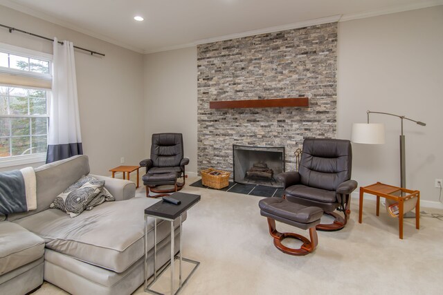 carpeted living room featuring a stone fireplace and ornamental molding