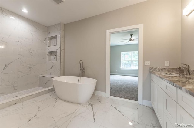 bathroom with ceiling fan, vanity, and independent shower and bath