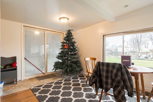 dining area with beam ceiling and hardwood / wood-style flooring