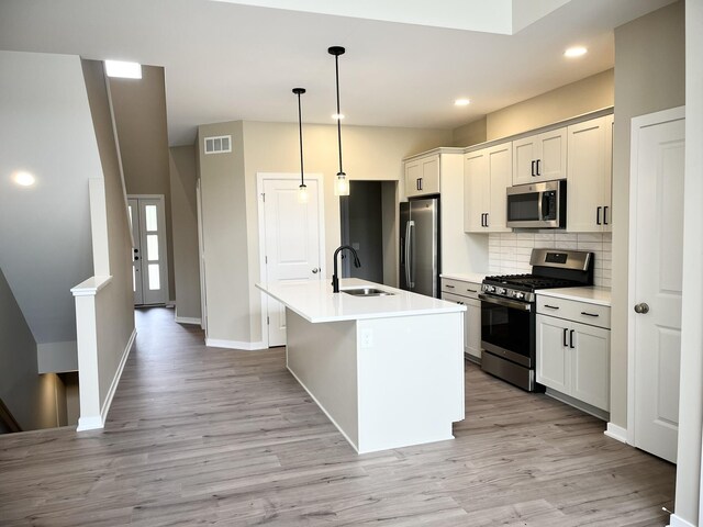4007 Corvo Trce, Kalamazoo, MI 49006 - kitchen featuring stainless steel appliances, a sink, light wood finished floors, tasteful backsplash, and a center island with sink