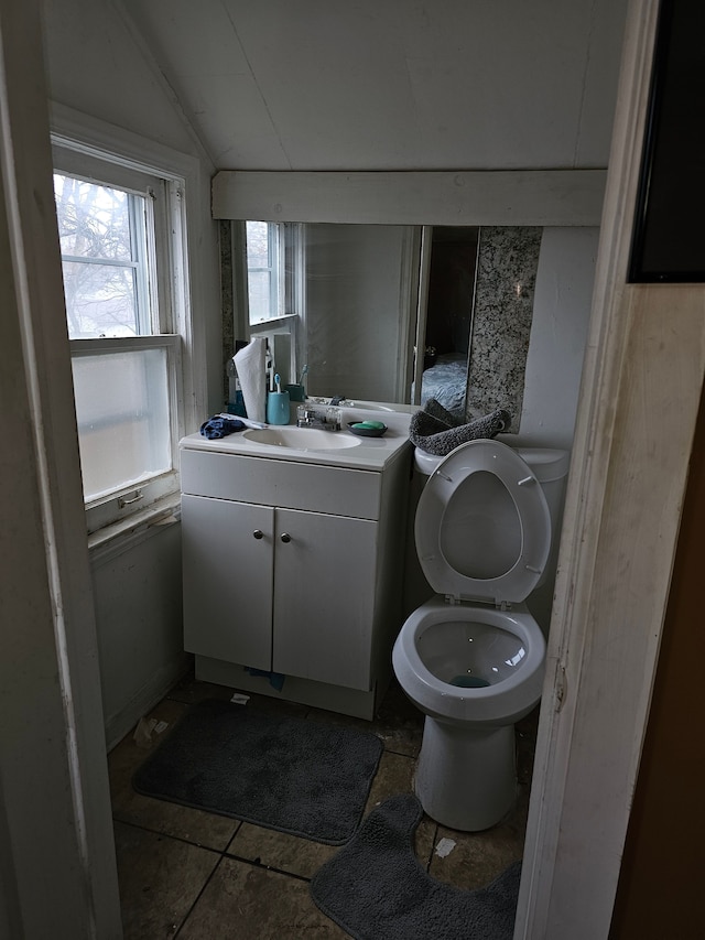 19356 Huntington Rd, Detroit, MI 48219 - bathroom with vanity, lofted ceiling, toilet, and tile patterned flooring