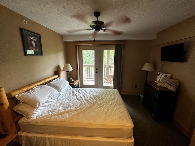 bedroom featuring access to exterior, ceiling fan, french doors, dark colored carpet, and a textured ceiling