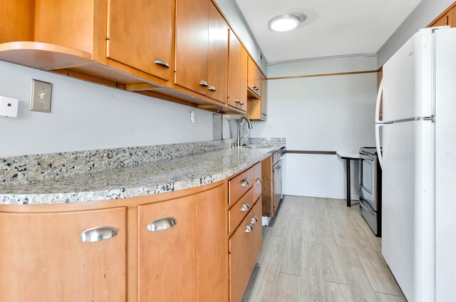 8900 E Jefferson Ave Unit 630-631, Detroit, MI 48214 - kitchen with freestanding refrigerator, a sink, light wood-style flooring, stainless steel range with electric stovetop, and light stone countertops