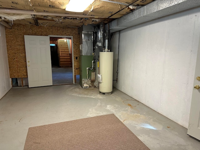 basement with heating unit and water heater