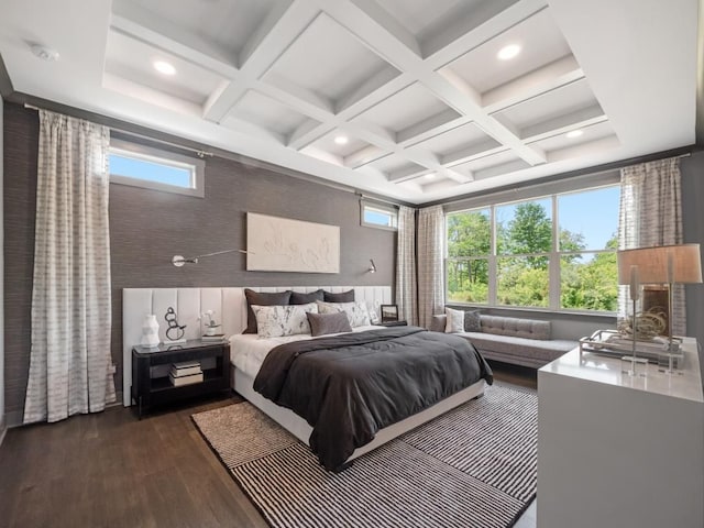7893 Arimoore Dr, West Bloomfield, MI 48322 - bedroom featuring dark wood-style flooring, recessed lighting, coffered ceiling, and beam ceiling