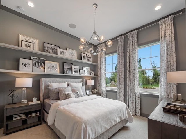 7893 Arimoore Dr, West Bloomfield, MI 48322 - bedroom with light carpet, a chandelier, crown molding, and recessed lighting