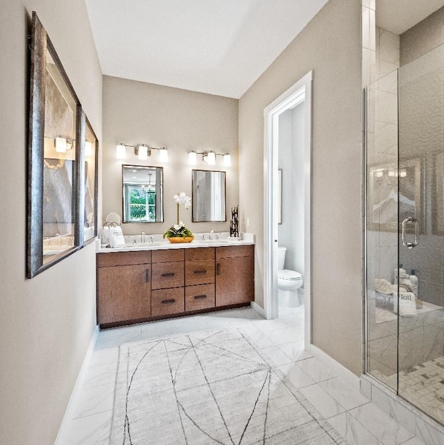 7889 Arimoore Dr, West Bloomfield, MI 48322 - full bathroom featuring double vanity, toilet, a shower stall, and baseboards
