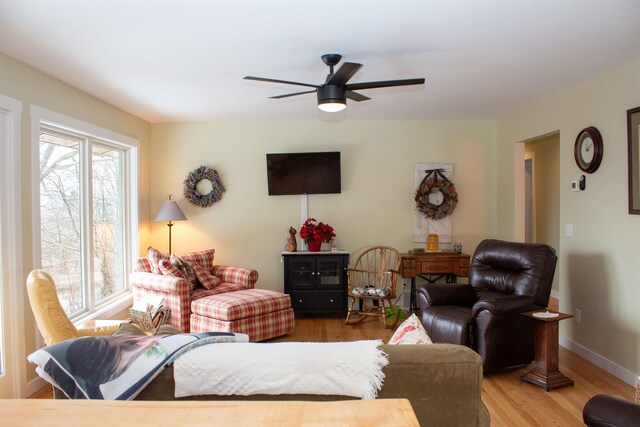 122 Park Ave, Frankfort, MI 49635 - living area featuring wood finished floors, a ceiling fan, and baseboards
