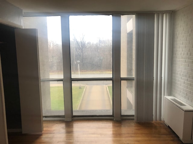 doorway to outside featuring hardwood / wood-style flooring and radiator