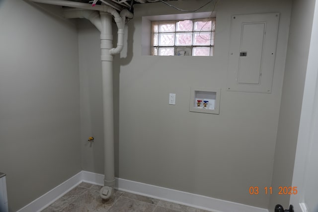 laundry room with electric panel, laundry area, baseboards, and washer hookup