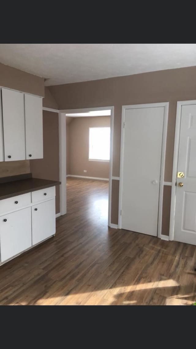 kitchen with white cabinets and dark wood-type flooring