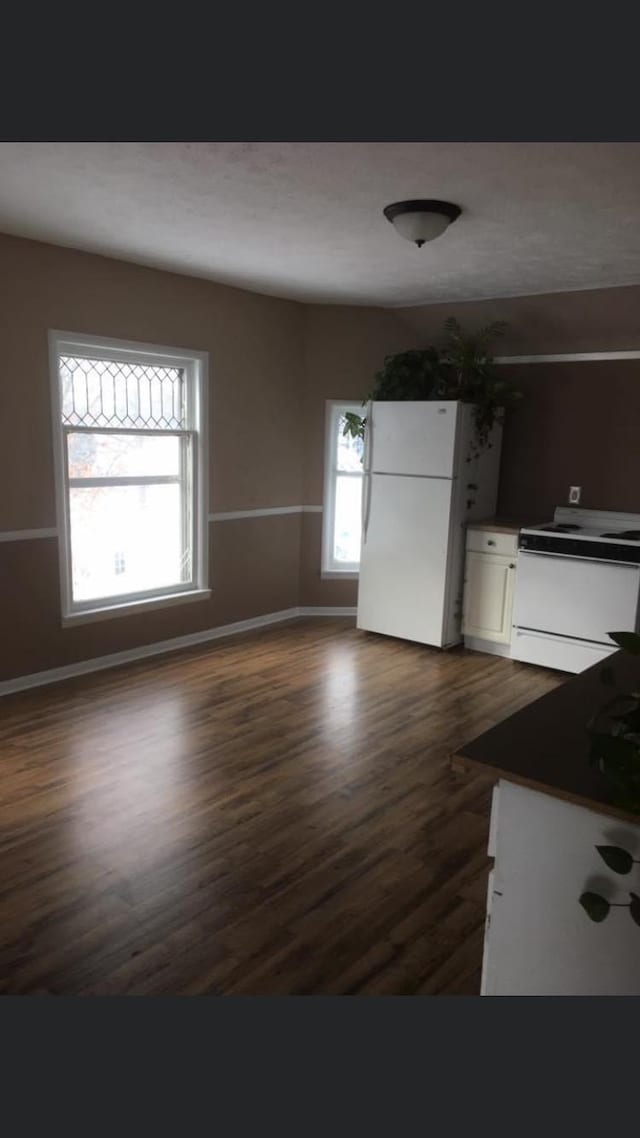 interior space with white appliances, dark hardwood / wood-style floors, and white cabinetry