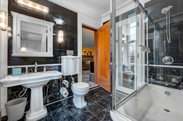 70 W Boston Blvd, Detroit, MI 48202 - full bathroom with marble tiled floors, tile walls, and ornamental molding