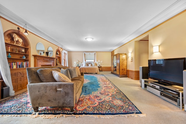 carpeted living room featuring built in features and crown molding