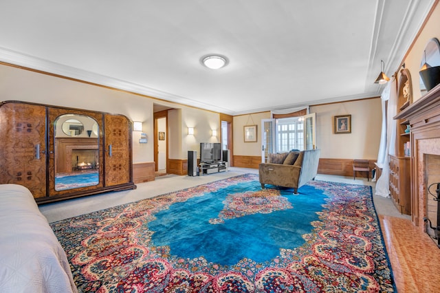 70 W Boston Blvd, Detroit, MI 48202 - living area featuring carpet flooring, crown molding, wainscoting, and a fireplace with flush hearth