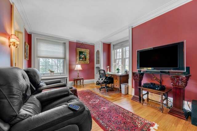 70 W Boston Blvd, Detroit, MI 48202 - living room with ornamental molding, wood finished floors, and an office area