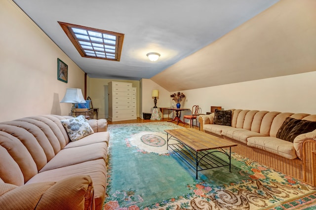 living room with wood-type flooring and lofted ceiling