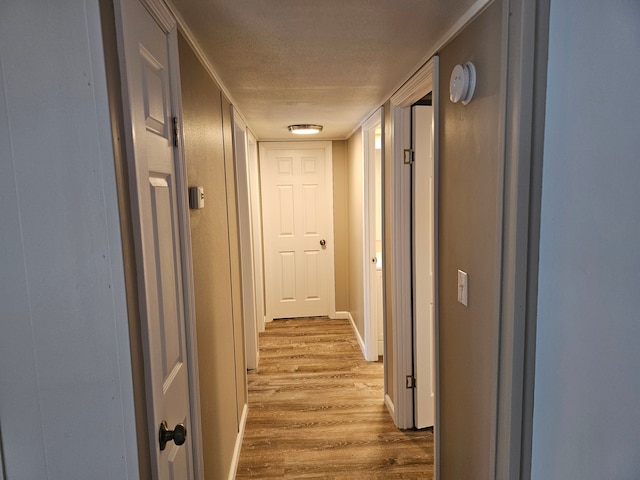 hallway featuring light hardwood / wood-style flooring and a textured ceiling