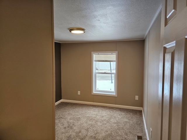 spare room with carpet, a textured ceiling, and ornamental molding