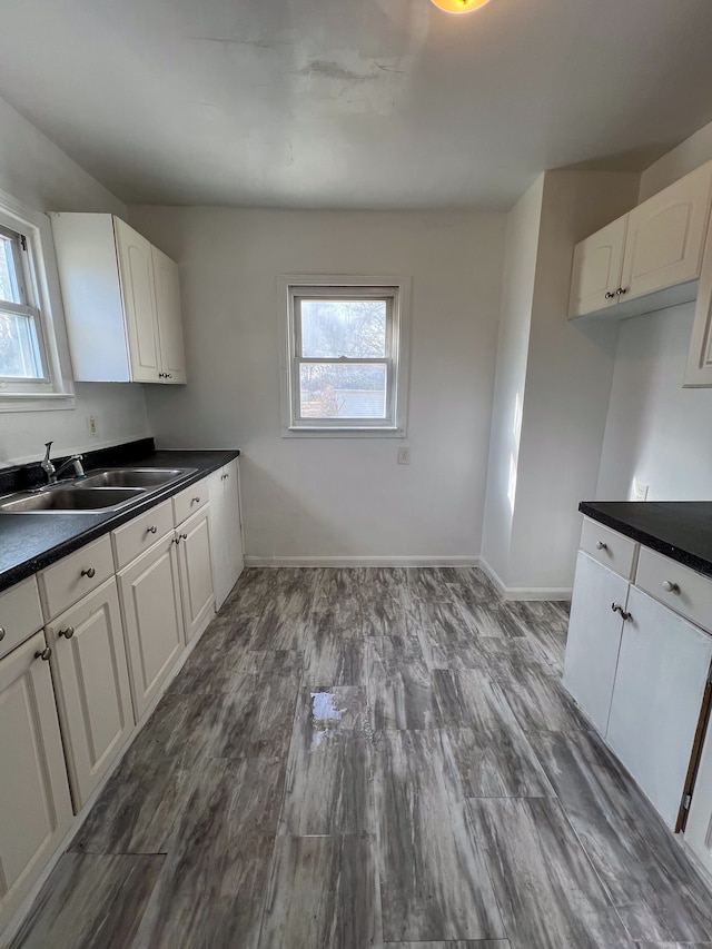 kitchen with sink, white cabinets, and hardwood / wood-style floors