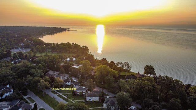 aerial view at dusk with a water view