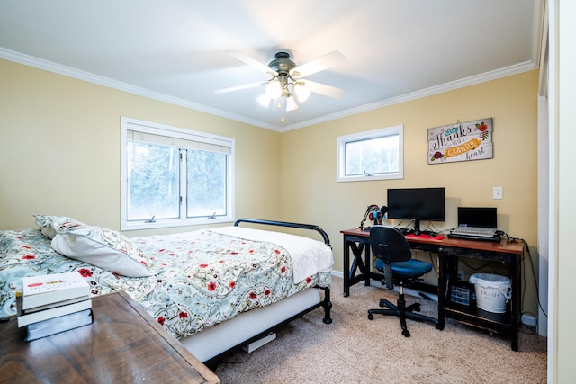 bedroom with ceiling fan, light carpet, and multiple windows