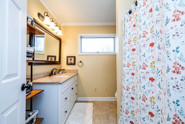 bathroom featuring walk in shower, tile patterned floors, crown molding, toilet, and vanity