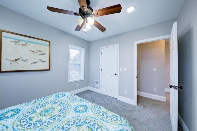 bedroom featuring carpet flooring and ceiling fan