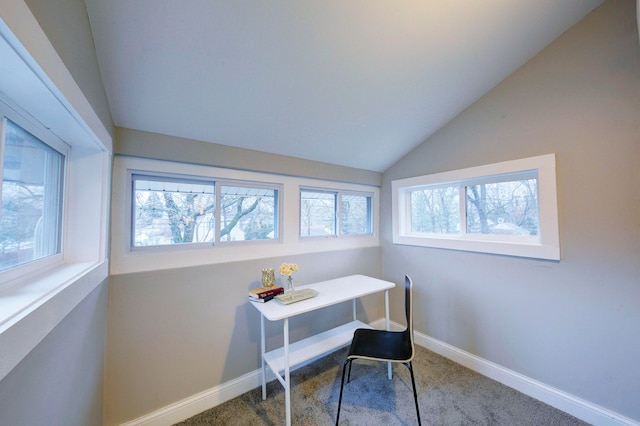 office with carpet floors, a healthy amount of sunlight, and vaulted ceiling