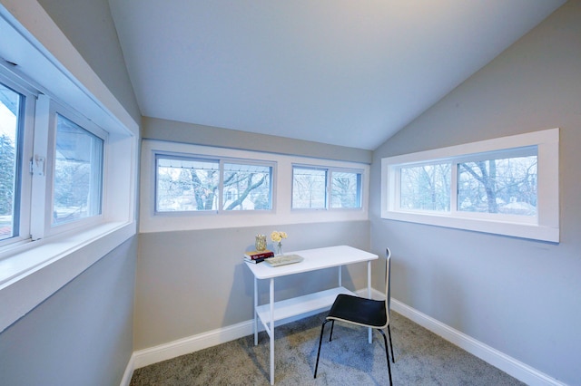 office space featuring carpet and lofted ceiling